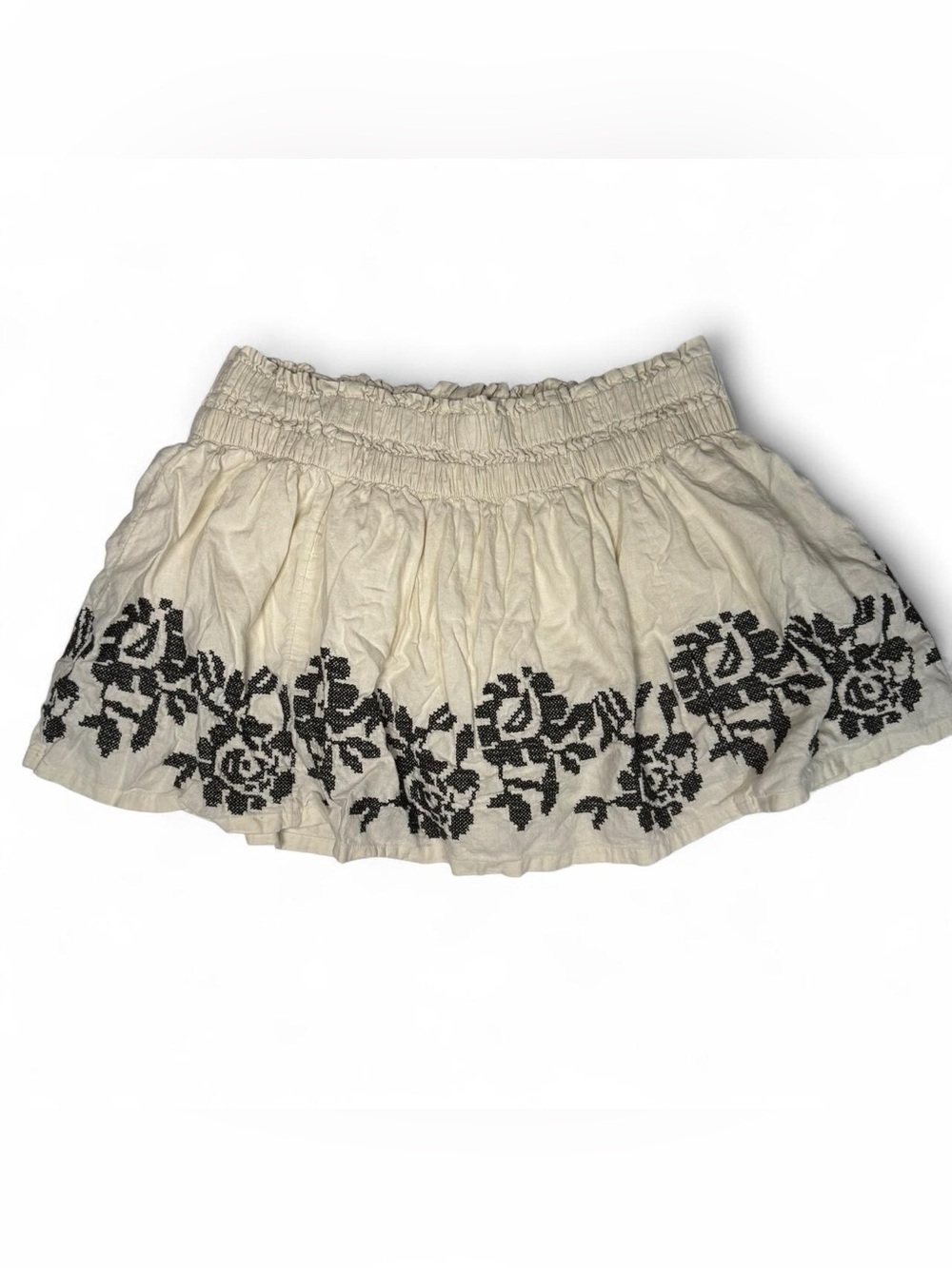 Aerie Cream Floral Mini Skirt Cottagecore Black Floral Hem Women’s Size L